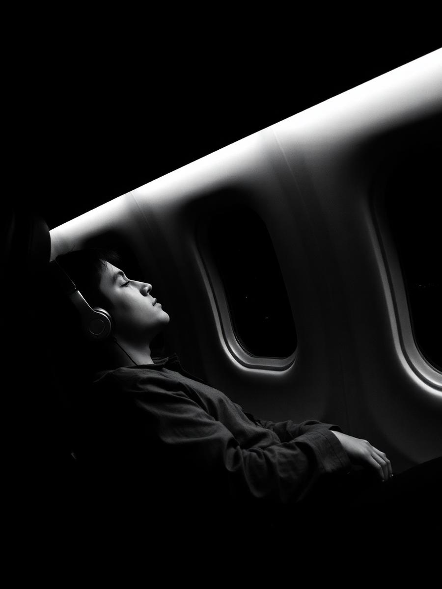 Traveler resting on a night flight